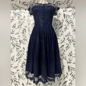 Navy Blue Lace Classic Vintage Style Dress Button Details Midi Skirt Size S  4